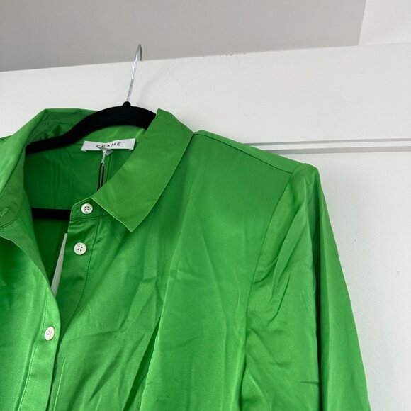 NWT Frame Silk Mini Dress in Bright Peridot Sz Medium Strong Padded Shoulder - Picture 7 of 10